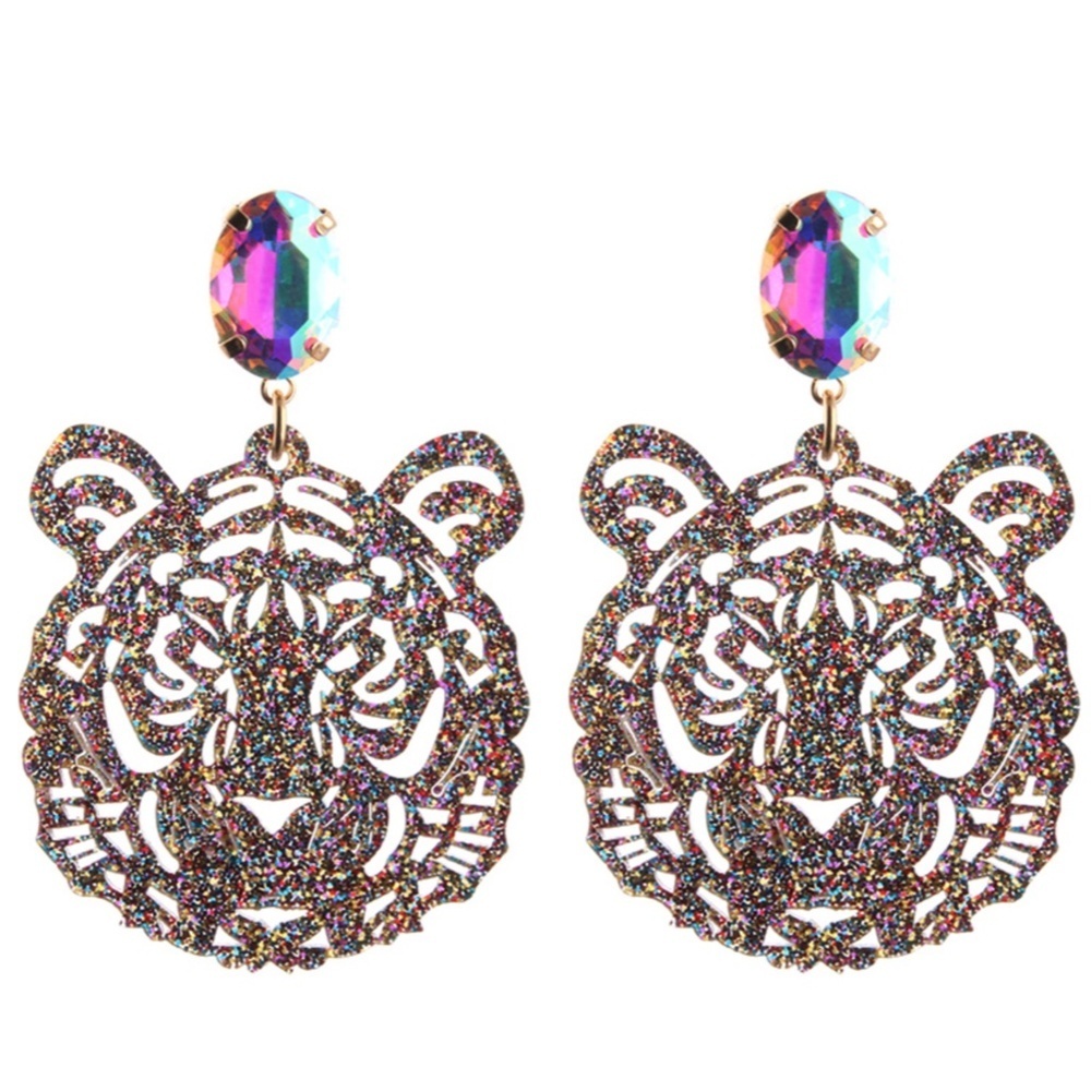 Hey There Tiger. Multi colored glitter and AB laser cut crystal earrings
